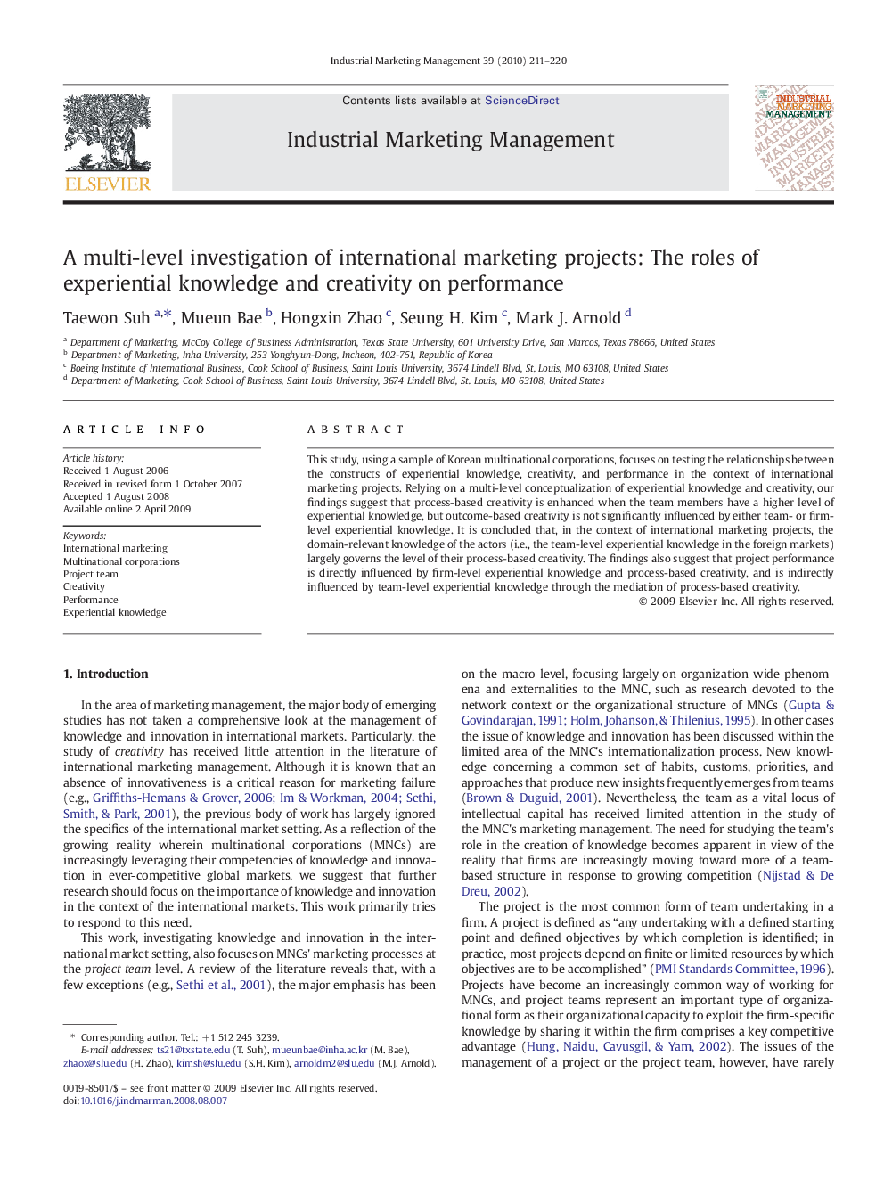 A multi-level investigation of international marketing projects: The roles of experiential knowledge and creativity on performance