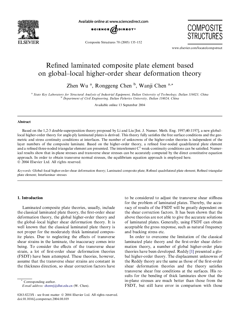 Refined laminated composite plate element based on global-local higher-order shear deformation theory