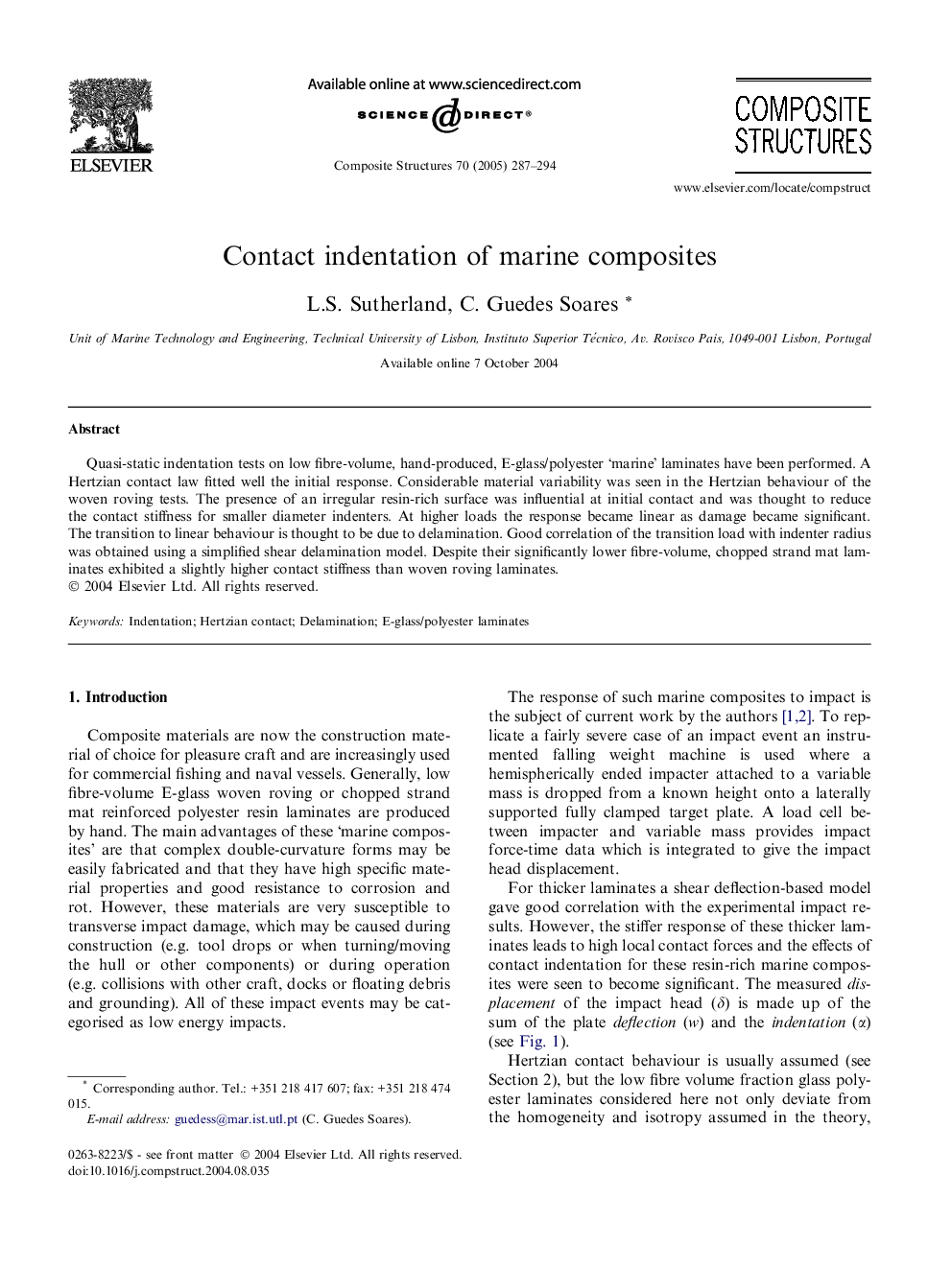 Contact indentation of marine composites