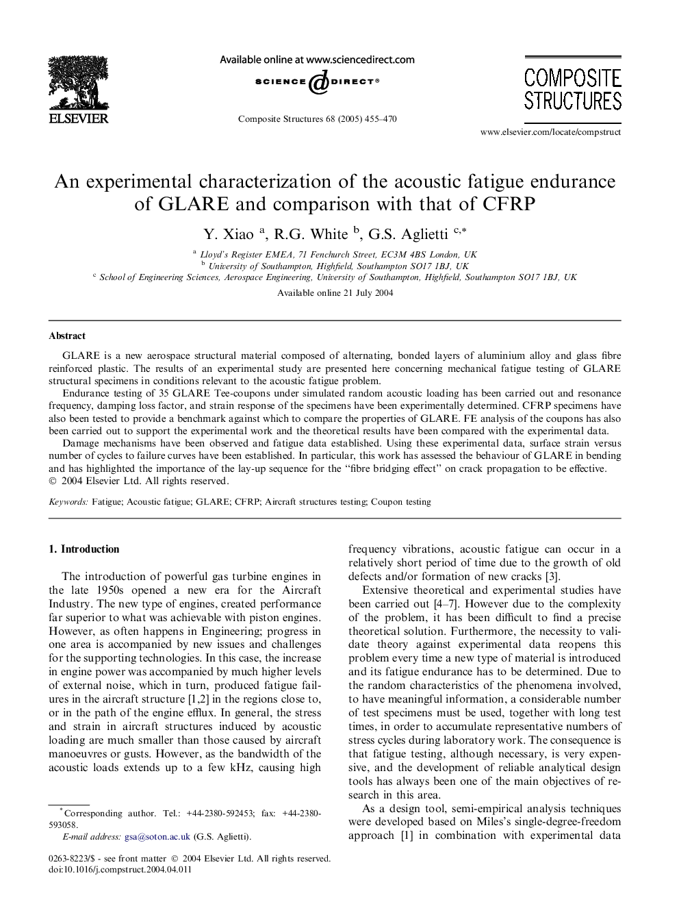 An experimental characterization of the acoustic fatigue endurance of GLARE and comparison with that of CFRP