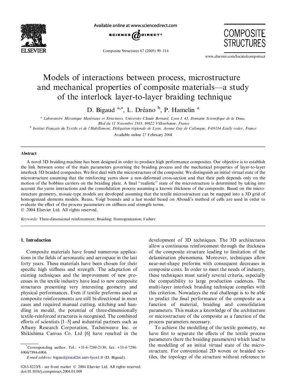 Models of interactions between process, microstructure and mechanical properties of composite materials--a study of the interlock layer-to-layer braiding technique