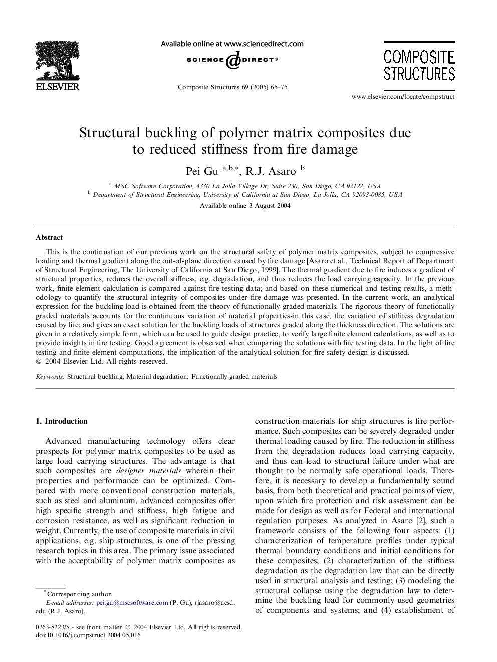 Structural buckling of polymer matrix composites due to reduced stiffness from fire damage