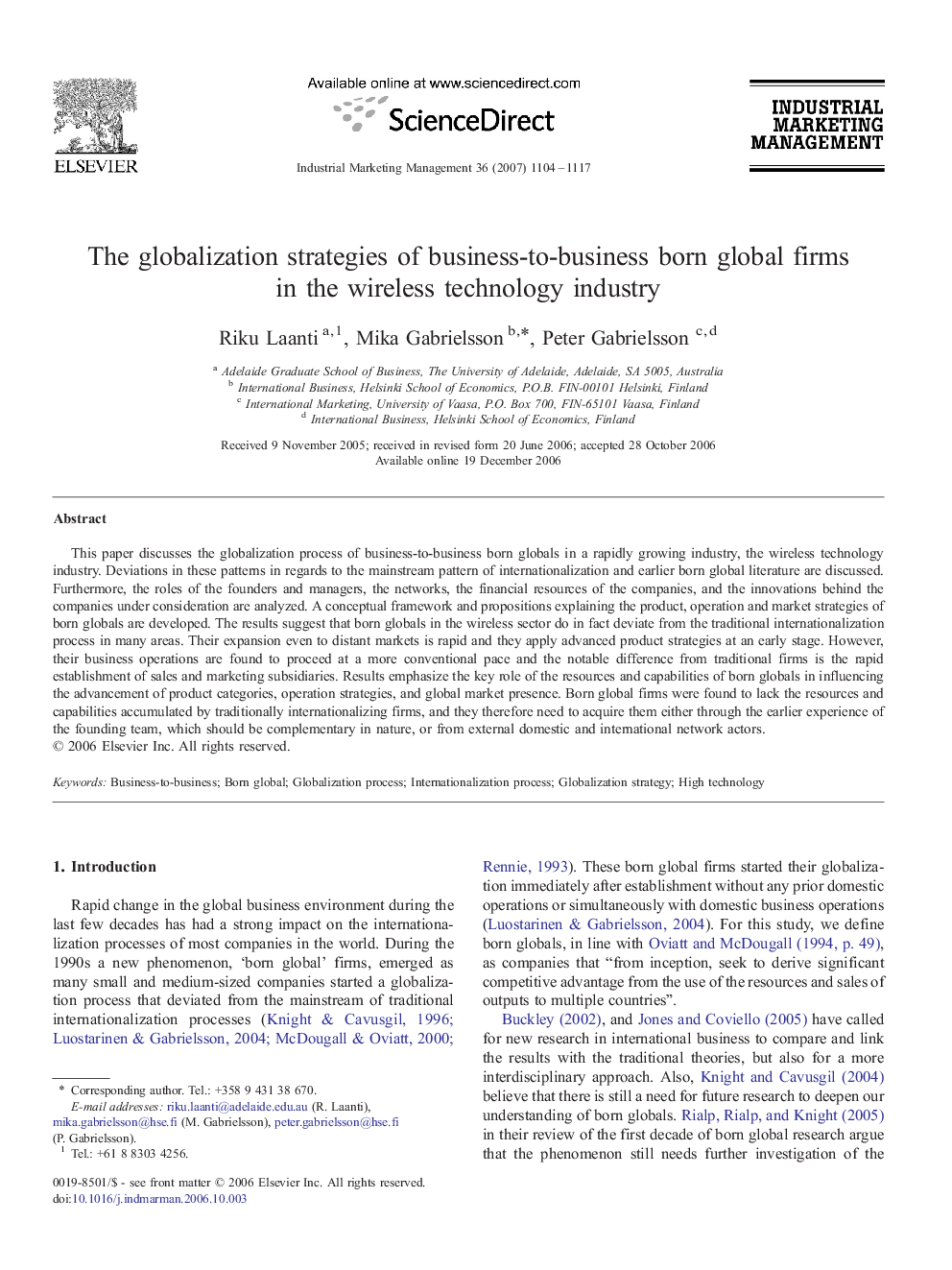 The globalization strategies of business-to-business born global firms in the wireless technology industry