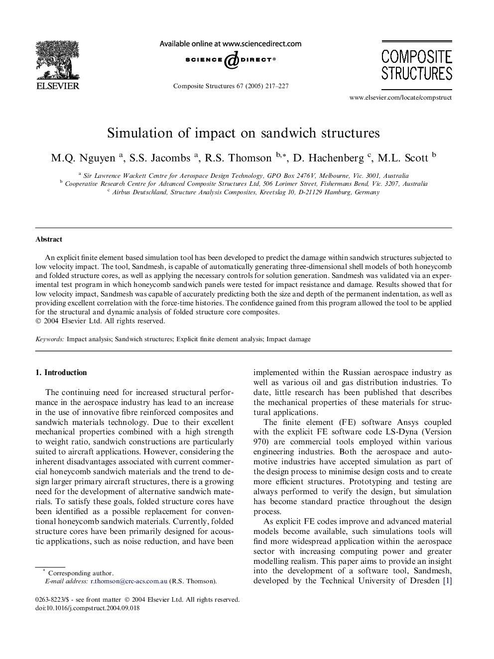 Simulation of impact on sandwich structures