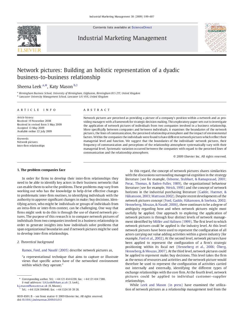 Network pictures: Building an holistic representation of a dyadic business-to-business relationship