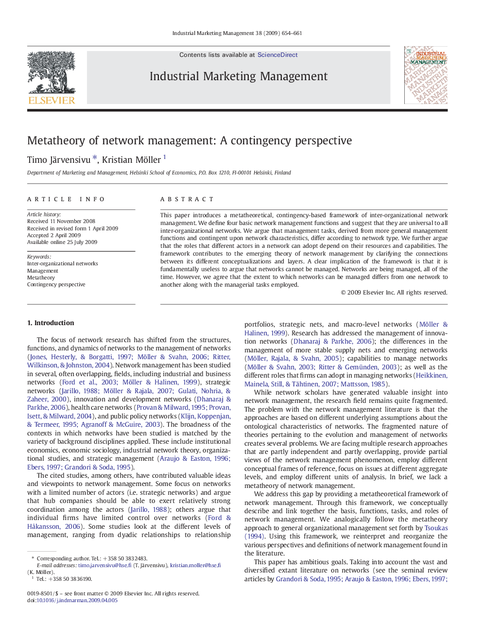 Metatheory of network management: A contingency perspective