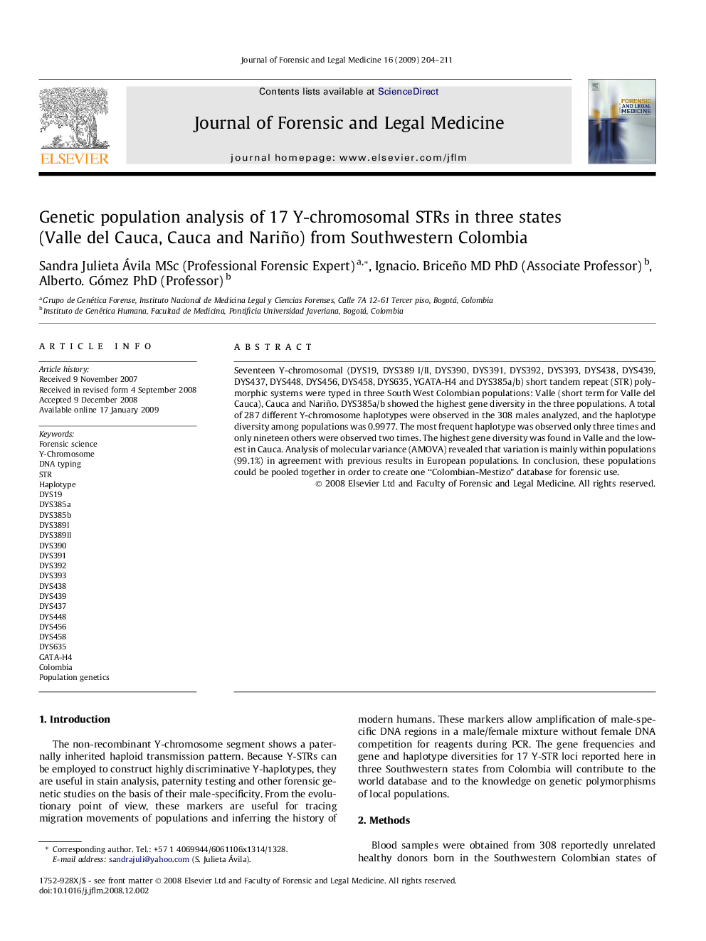 Genetic population analysis of 17 Y-chromosomal STRs in three states (Valle del Cauca, Cauca and Nariño) from Southwestern Colombia