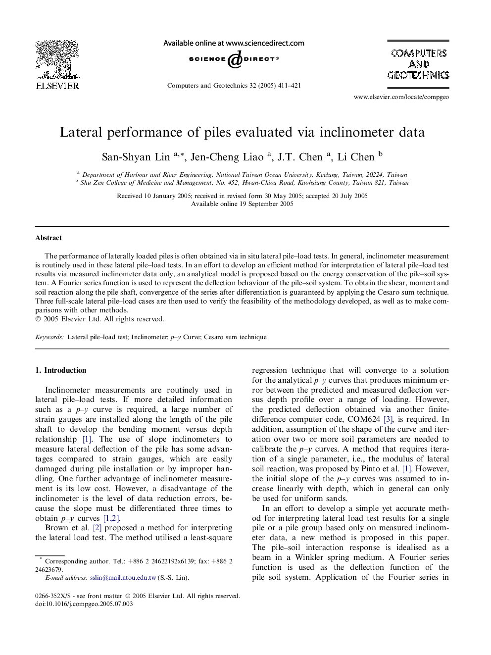 Lateral performance of piles evaluated via inclinometer data