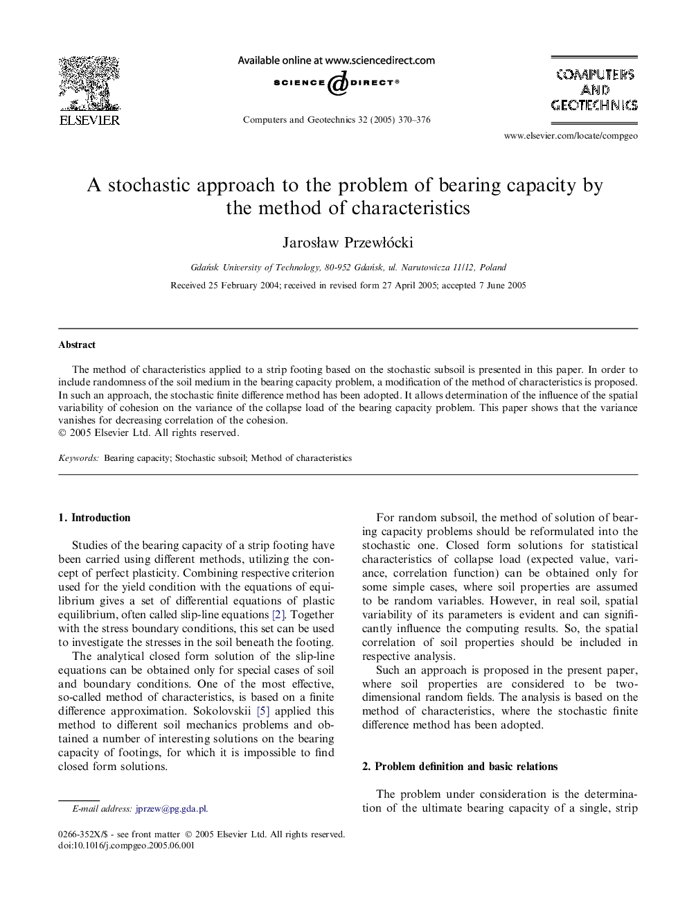 A stochastic approach to the problem of bearing capacity by the method of characteristics