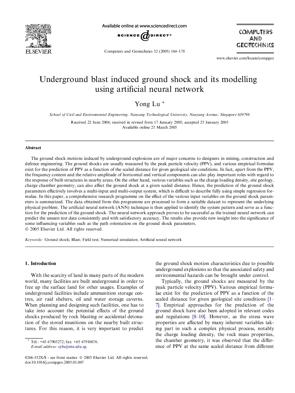 Underground blast induced ground shock and its modelling using artificial neural network