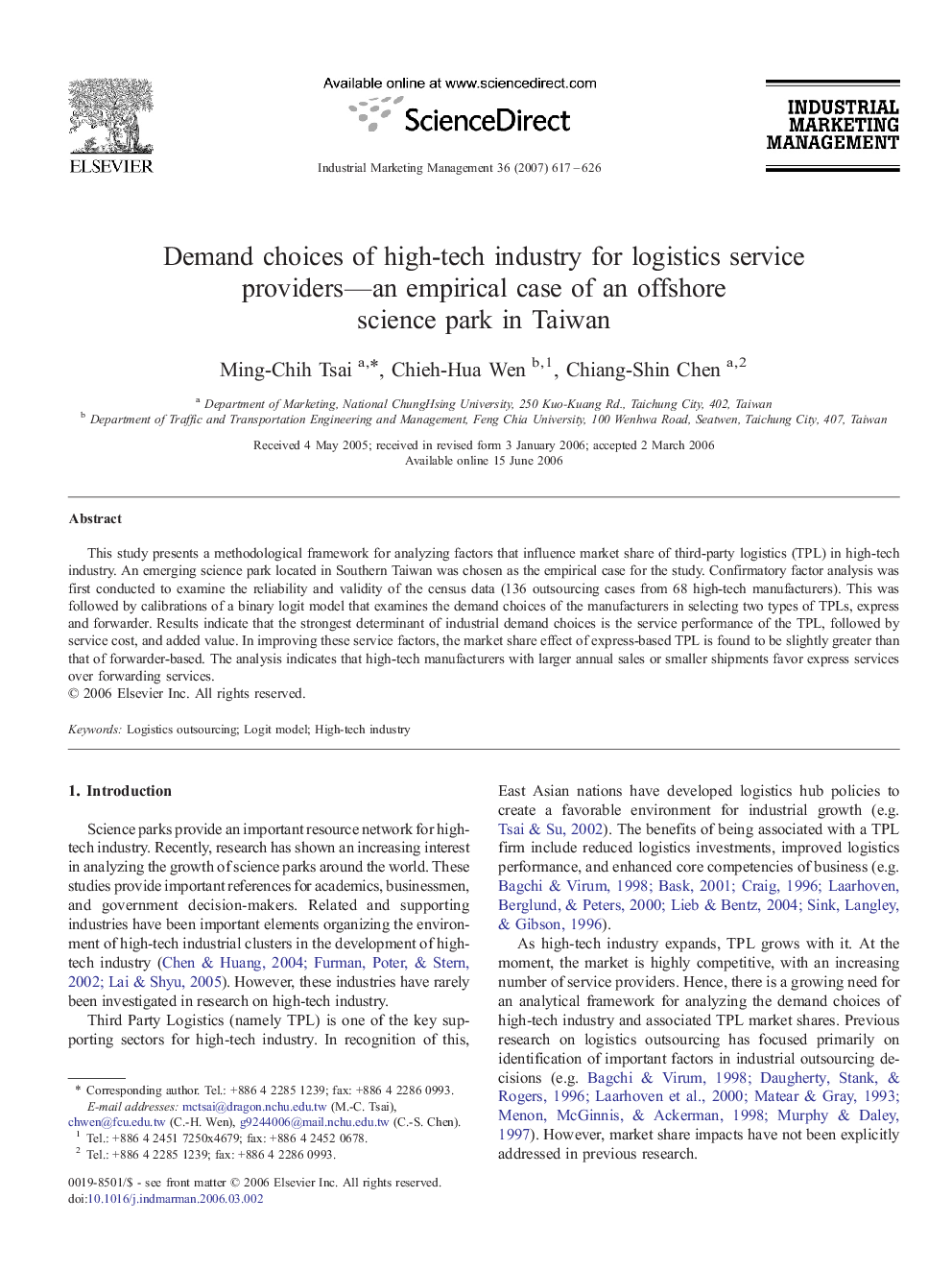 Demand choices of high-tech industry for logistics service providers—an empirical case of an offshore science park in Taiwan