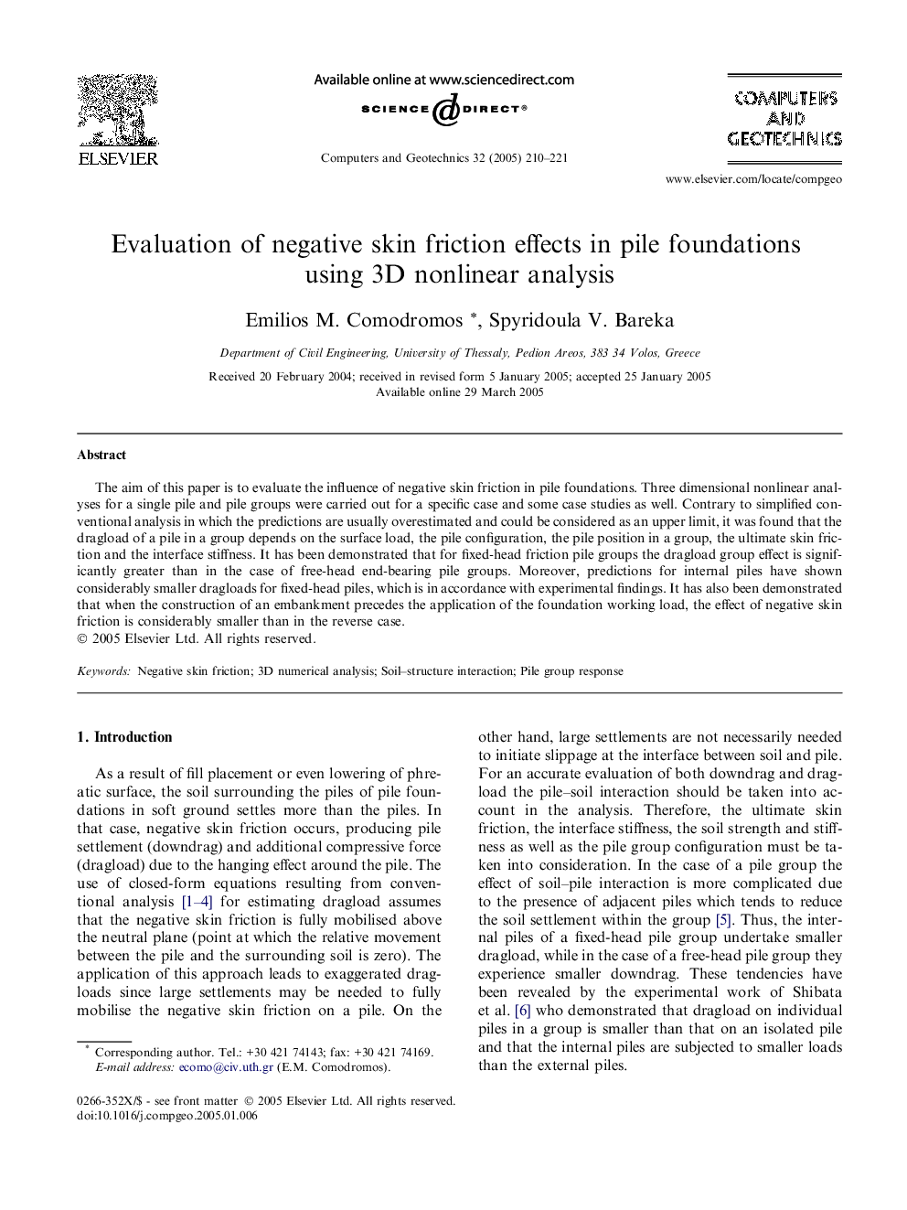 Evaluation of negative skin friction effects in pile foundations using 3D nonlinear analysis