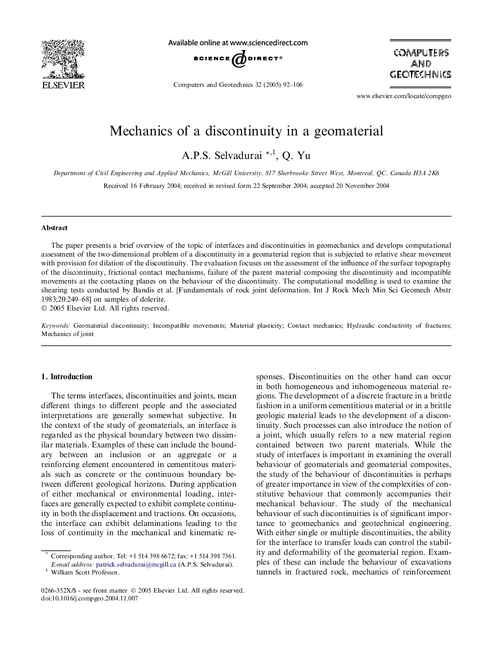 Mechanics of a discontinuity in a geomaterial