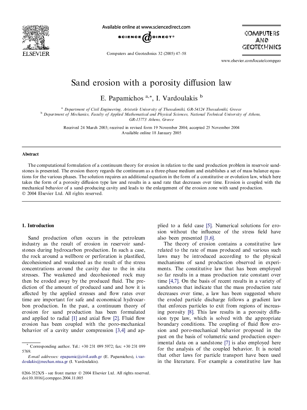 Sand erosion with a porosity diffusion law