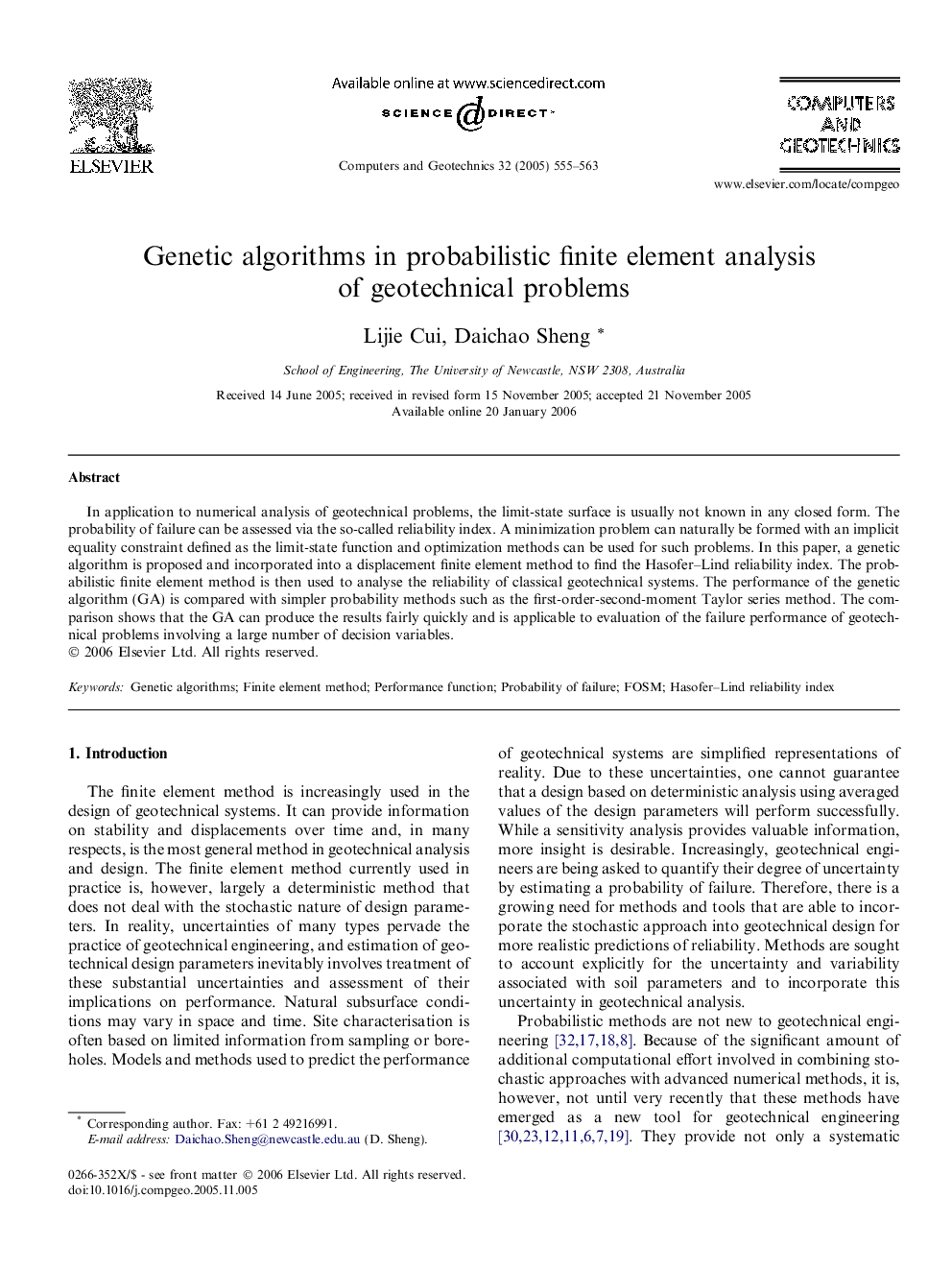 Genetic algorithms in probabilistic finite element analysis of geotechnical problems