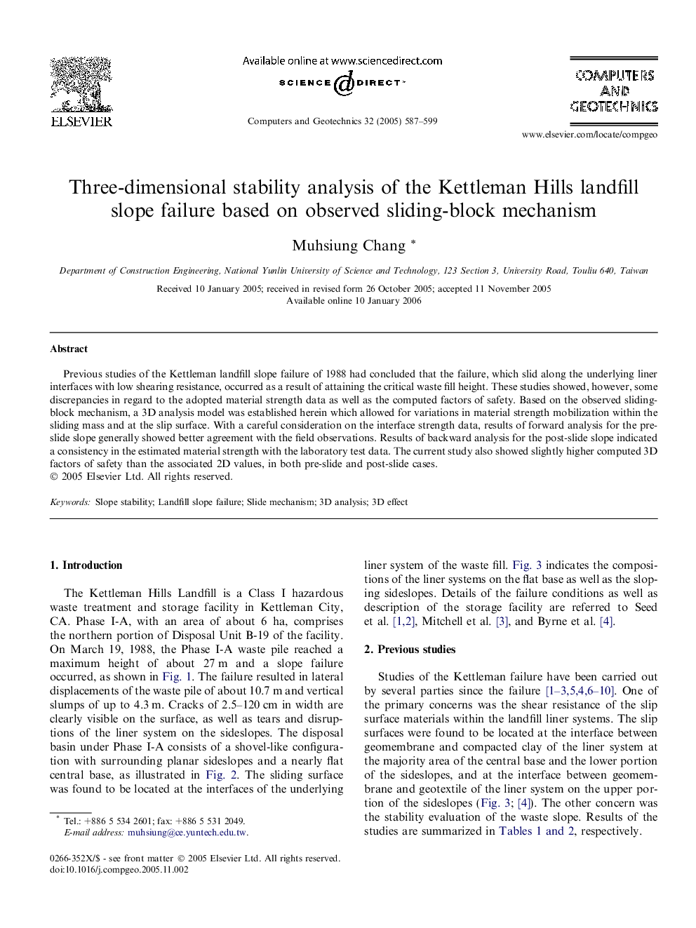 Three-dimensional stability analysis of the Kettleman Hills landfill slope failure based on observed sliding-block mechanism