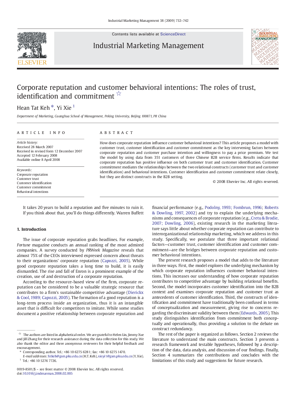 Corporate reputation and customer behavioral intentions: The roles of trust, identification and commitment 