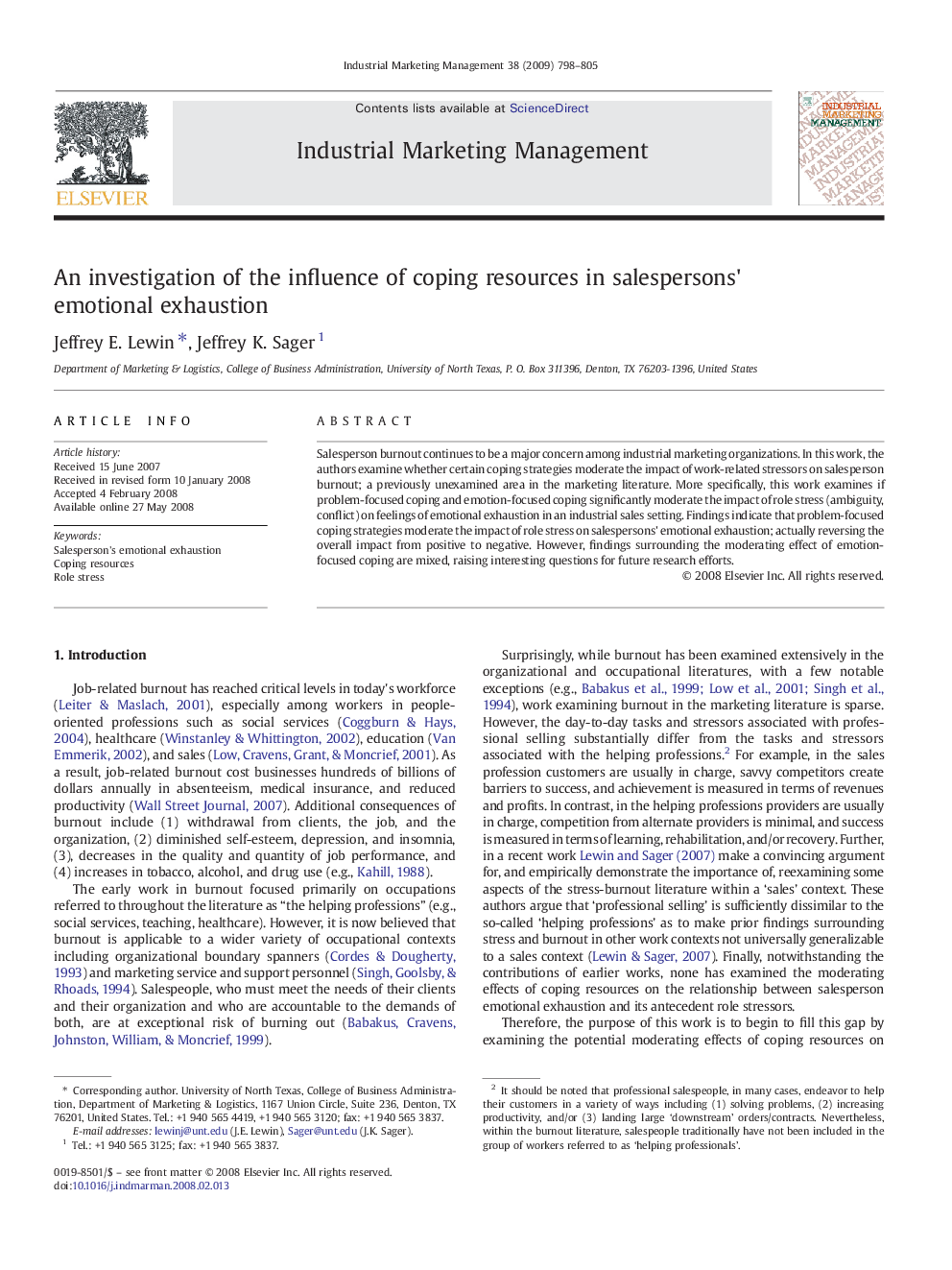 An investigation of the influence of coping resources in salespersons' emotional exhaustion