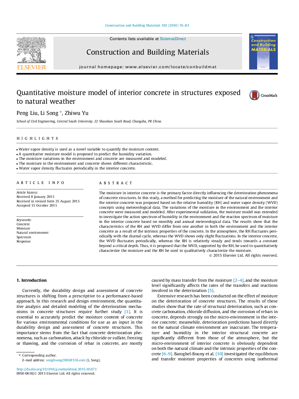 Quantitative moisture model of interior concrete in structures exposed to natural weather