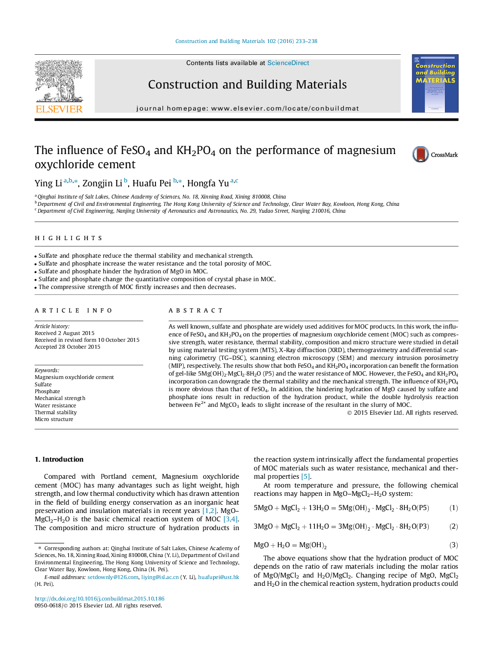 The influence of FeSO4 and KH2PO4 on the performance of magnesium oxychloride cement