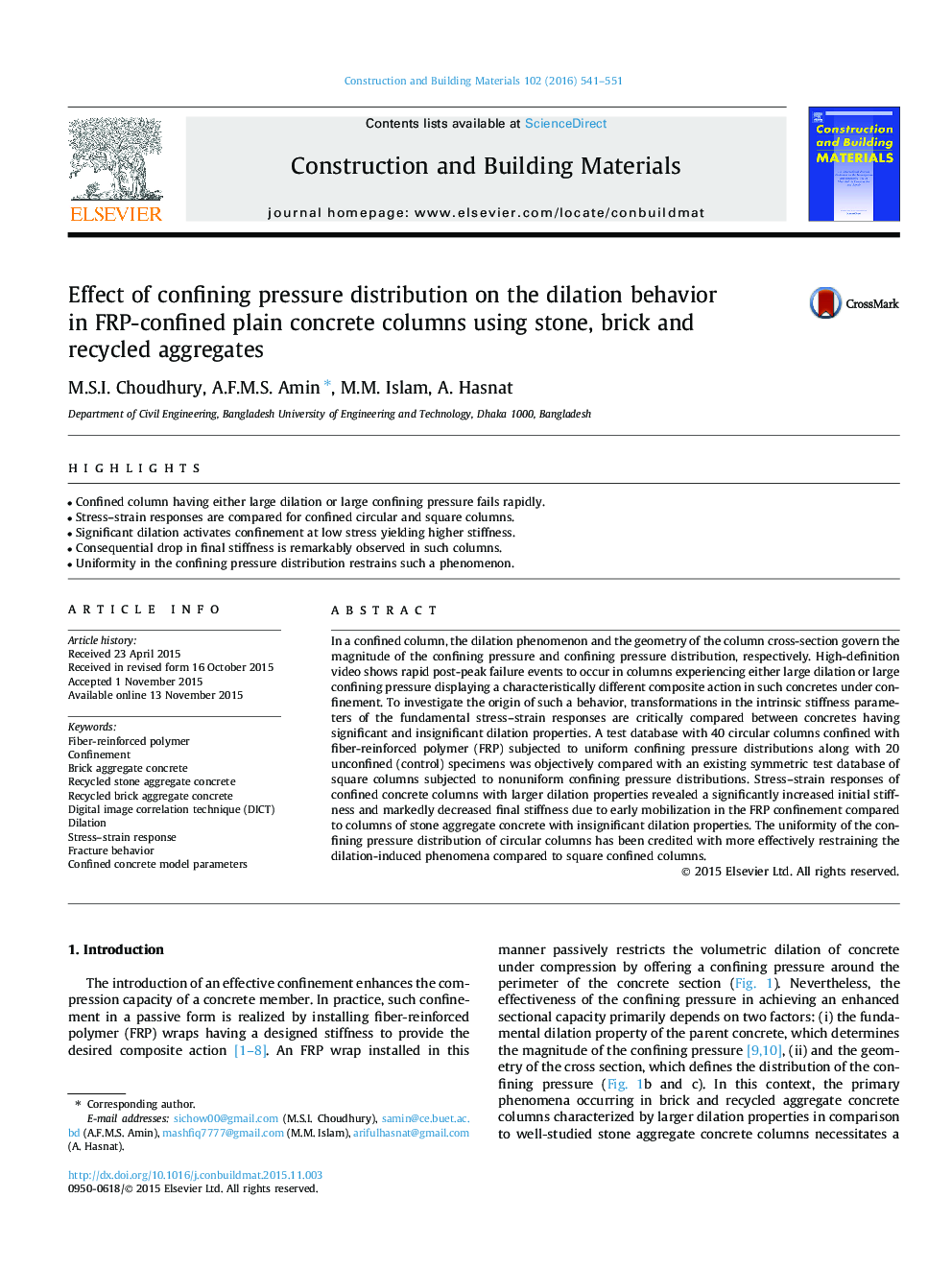 Effect of confining pressure distribution on the dilation behavior in FRP-confined plain concrete columns using stone, brick and recycled aggregates