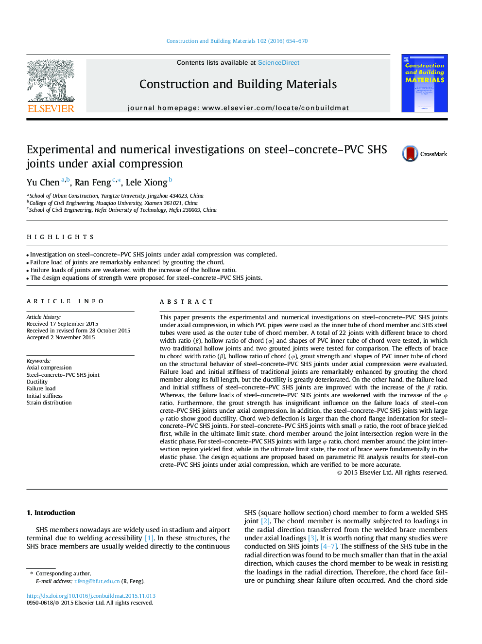 Experimental and numerical investigations on steel-concrete-PVC SHS joints under axial compression