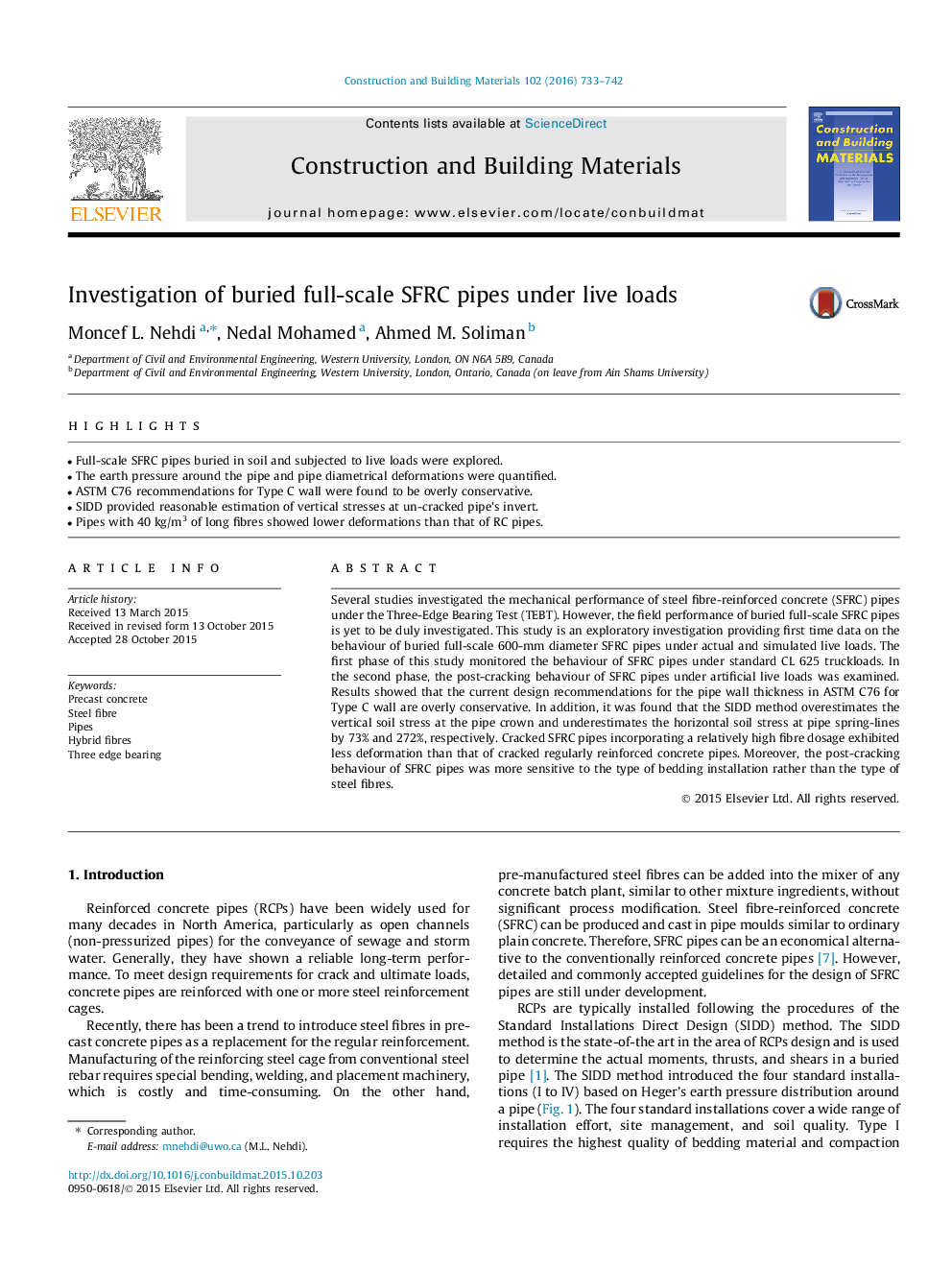 Investigation of buried full-scale SFRC pipes under live loads