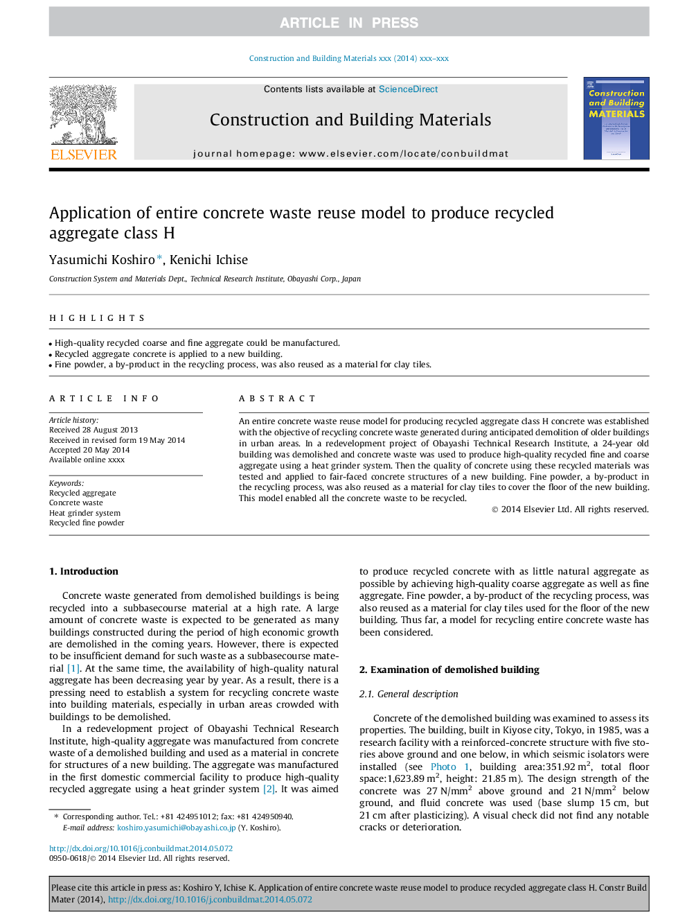 Application of entire concrete waste reuse model to produce recycled aggregate class H