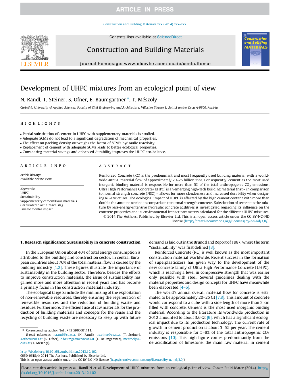 Development of UHPC mixtures from an ecological point of view