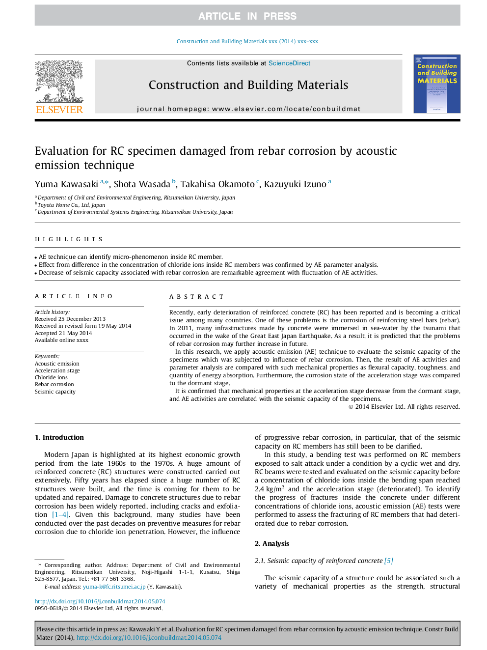 Evaluation for RC specimen damaged from rebar corrosion by acoustic emission technique