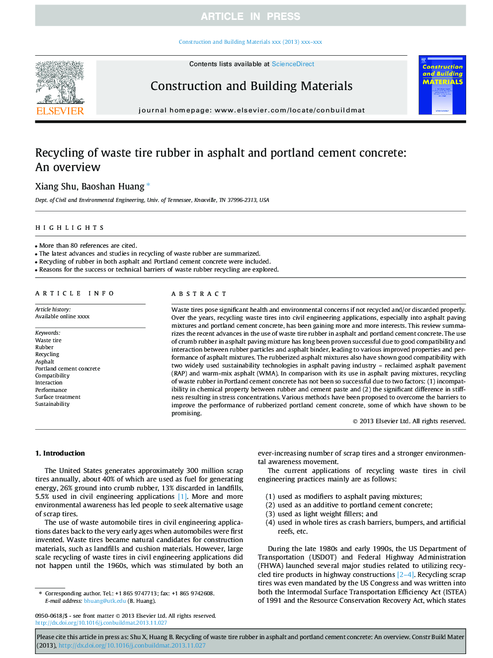 Recycling of waste tire rubber in asphalt and portland cement concrete: An overview