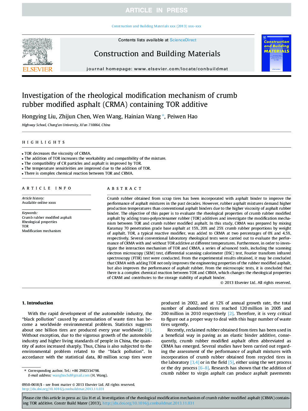 Investigation of the rheological modification mechanism of crumb rubber modified asphalt (CRMA) containing TOR additive