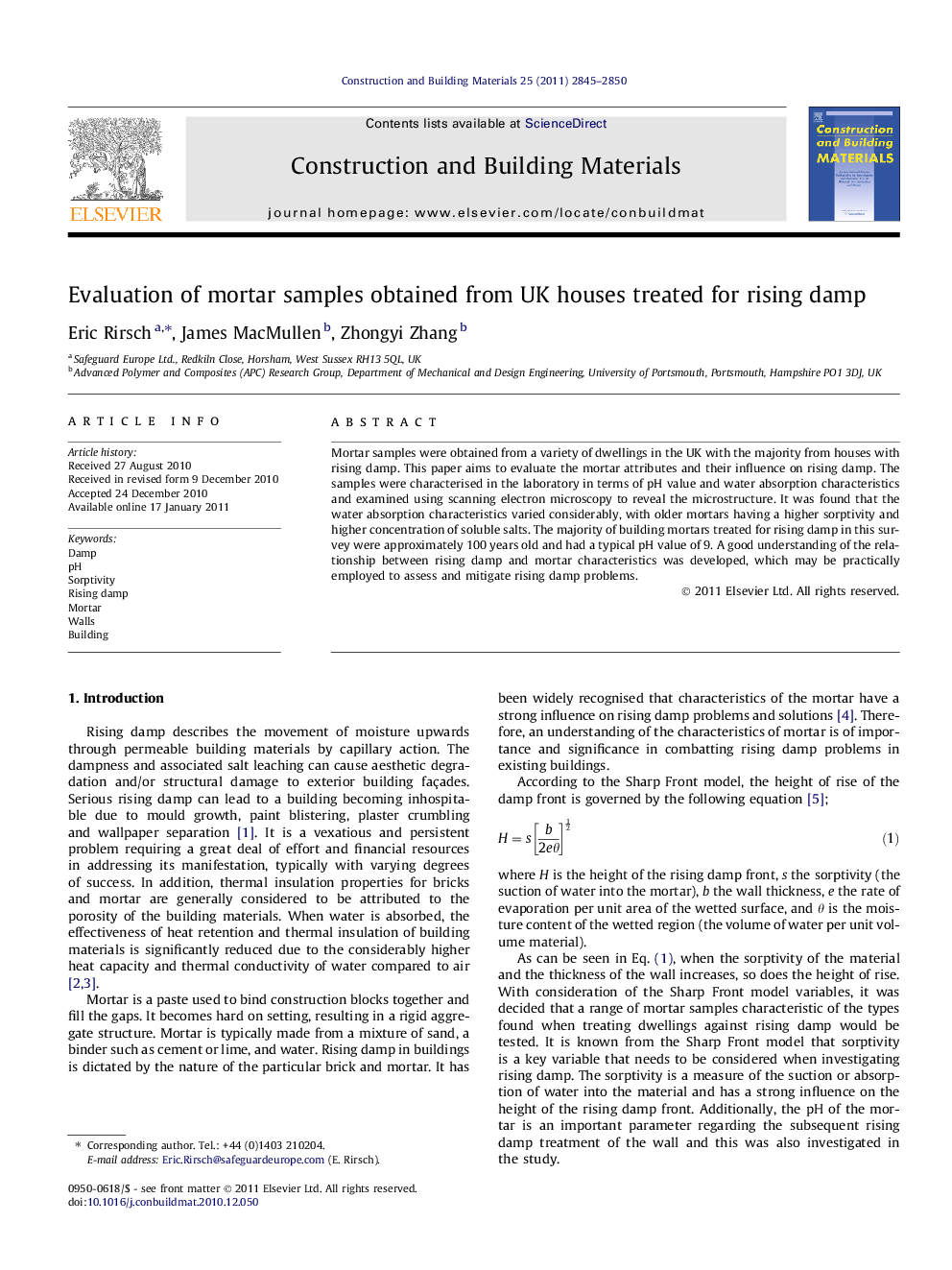 Evaluation of mortar samples obtained from UK houses treated for rising damp