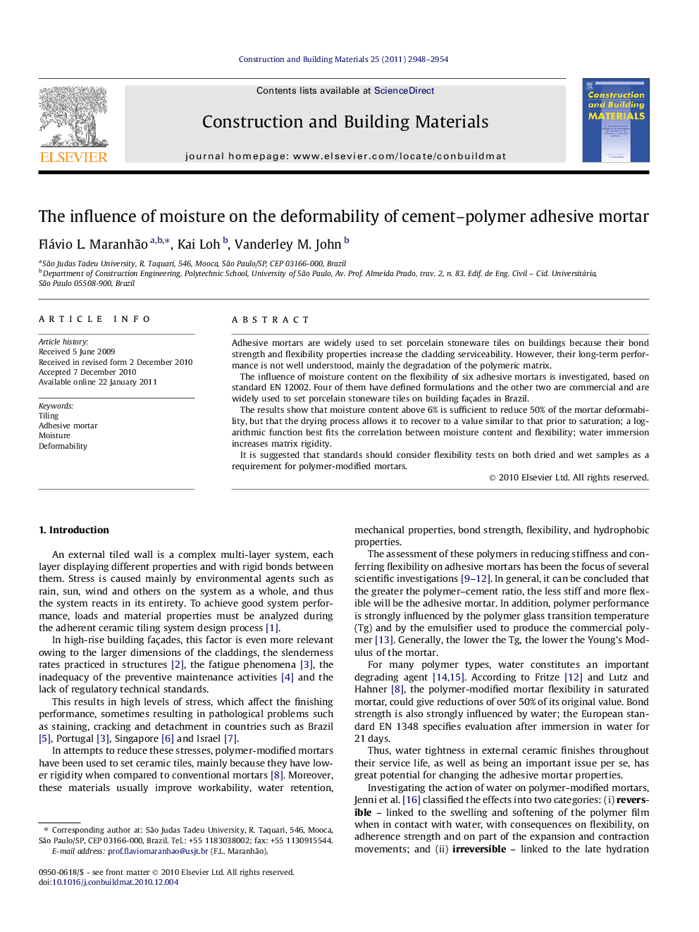 The influence of moisture on the deformability of cement-polymer adhesive mortar