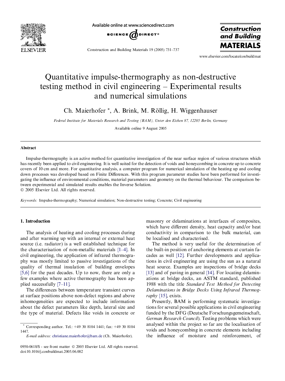 Quantitative impulse-thermography as non-destructive testing method in civil engineering - Experimental results and numerical simulations