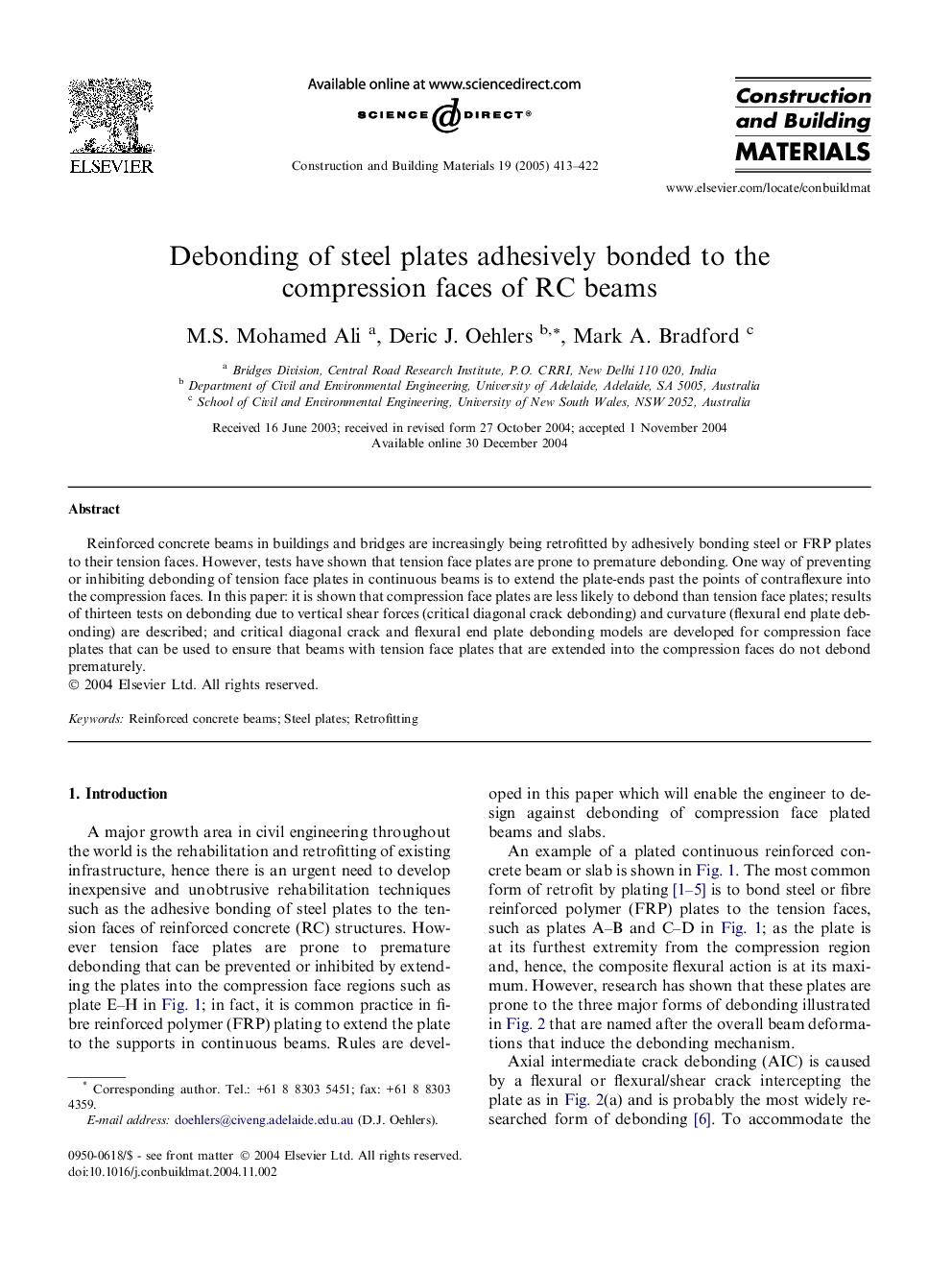 Debonding of steel plates adhesively bonded to the compression faces of RC beams