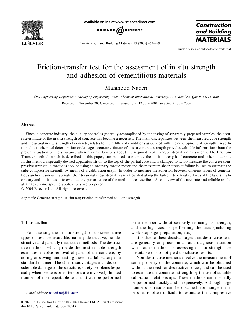 Friction-transfer test for the assessment of in situ strength and adhesion of cementitious materials