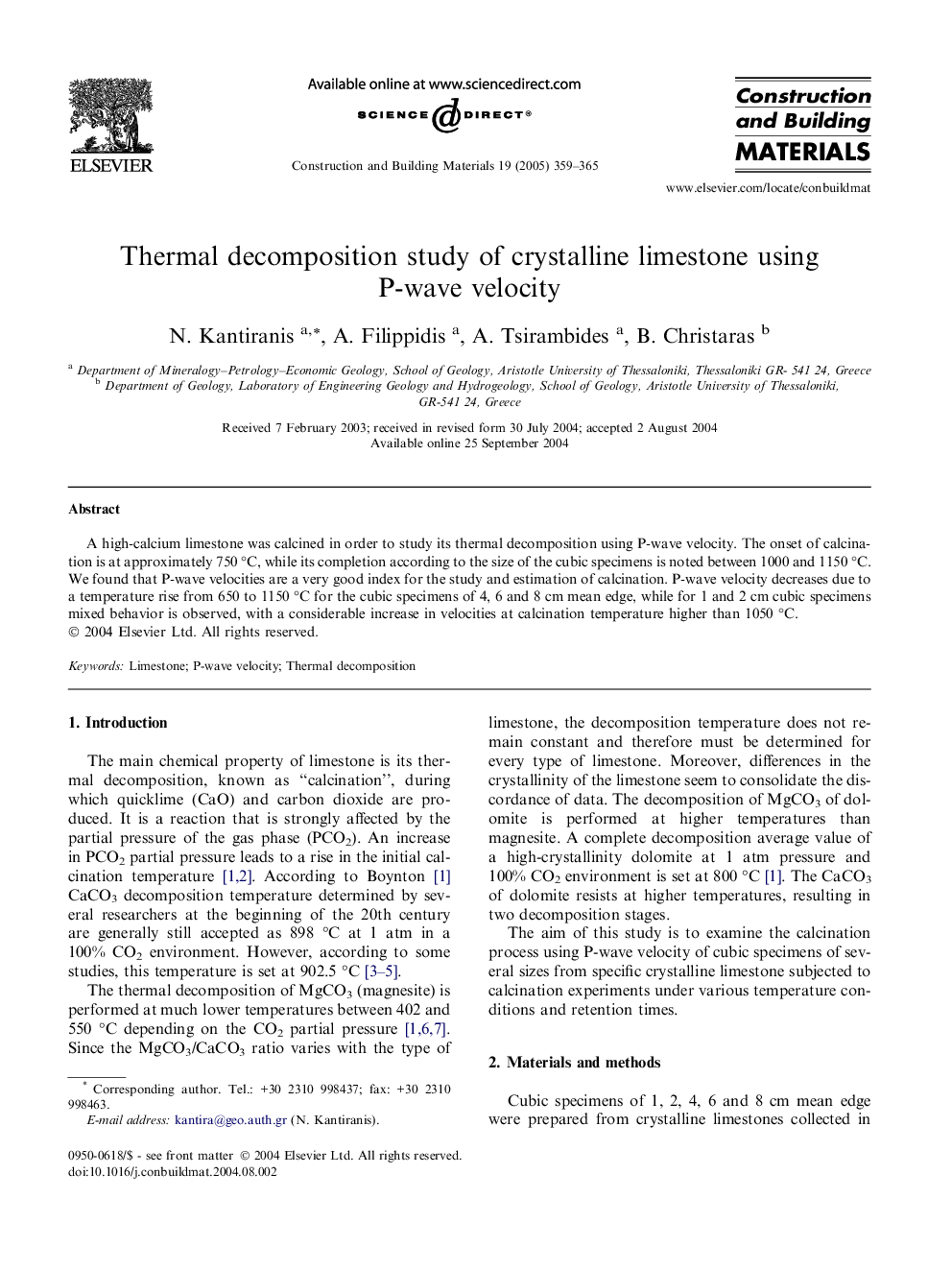 Thermal decomposition study of crystalline limestone using P-wave velocity