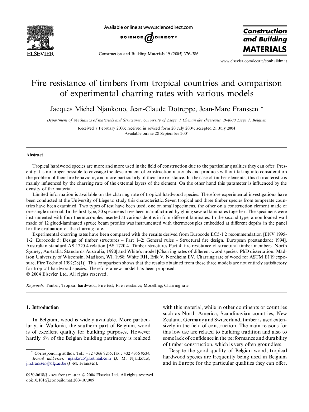 Fire resistance of timbers from tropical countries and comparison of experimental charring rates with various models