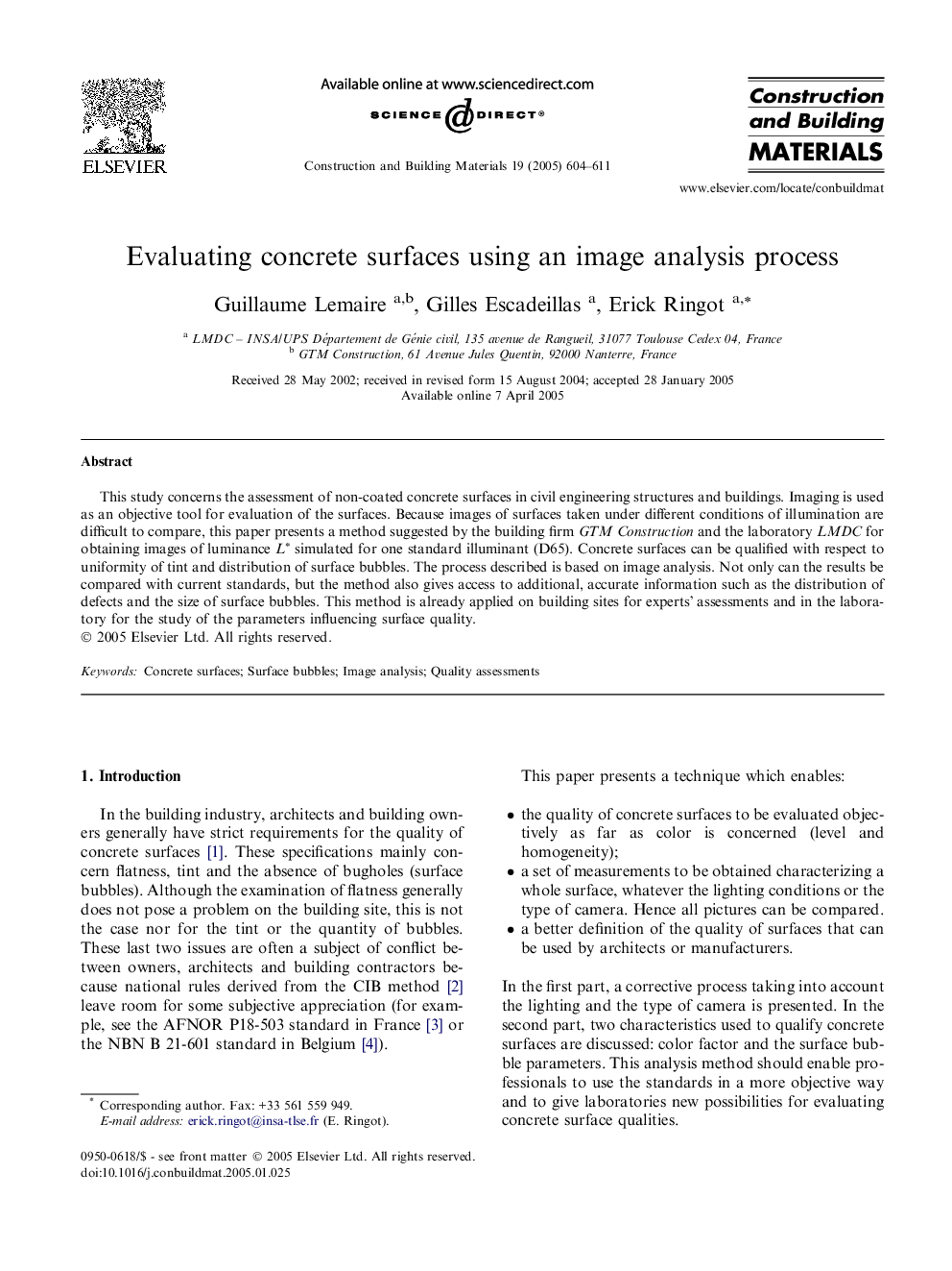 Evaluating concrete surfaces using an image analysis process