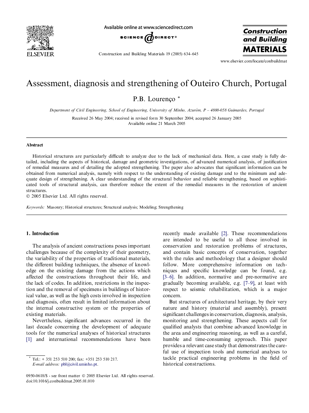 Assessment, diagnosis and strengthening of Outeiro Church, Portugal