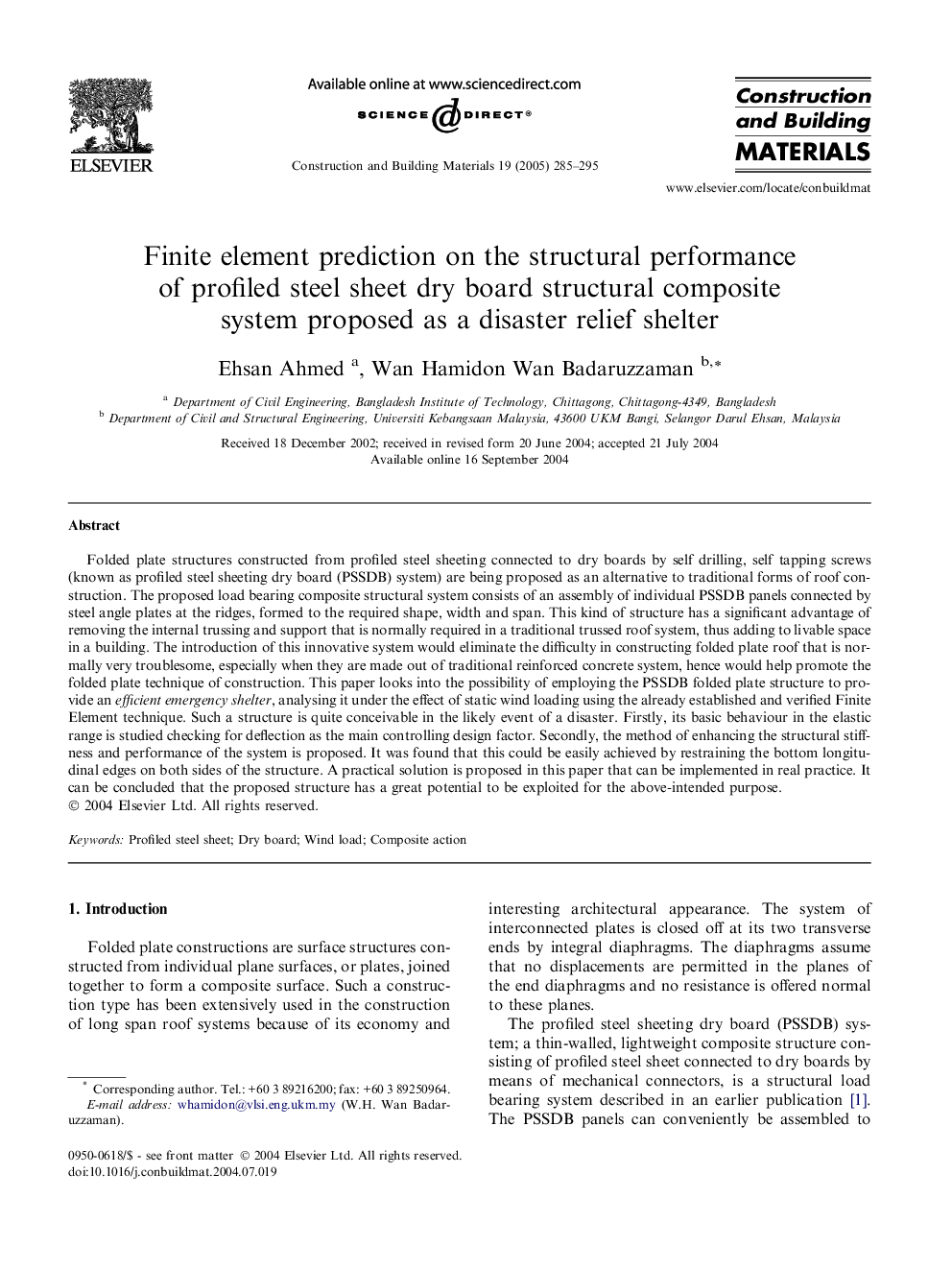 Finite element prediction on the structural performance of profiled steel sheet dry board structural composite system proposed as a disaster relief shelter