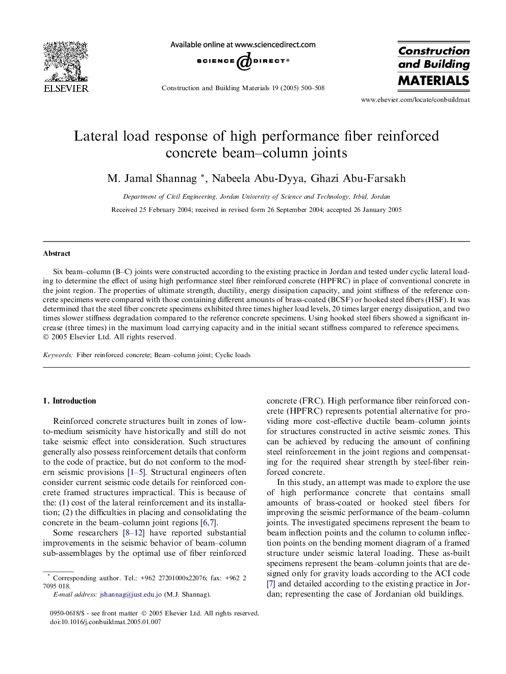 Lateral load response of high performance fiber reinforced concrete beam-column joints