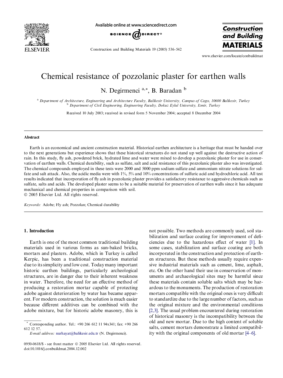 Chemical resistance of pozzolanic plaster for earthen walls