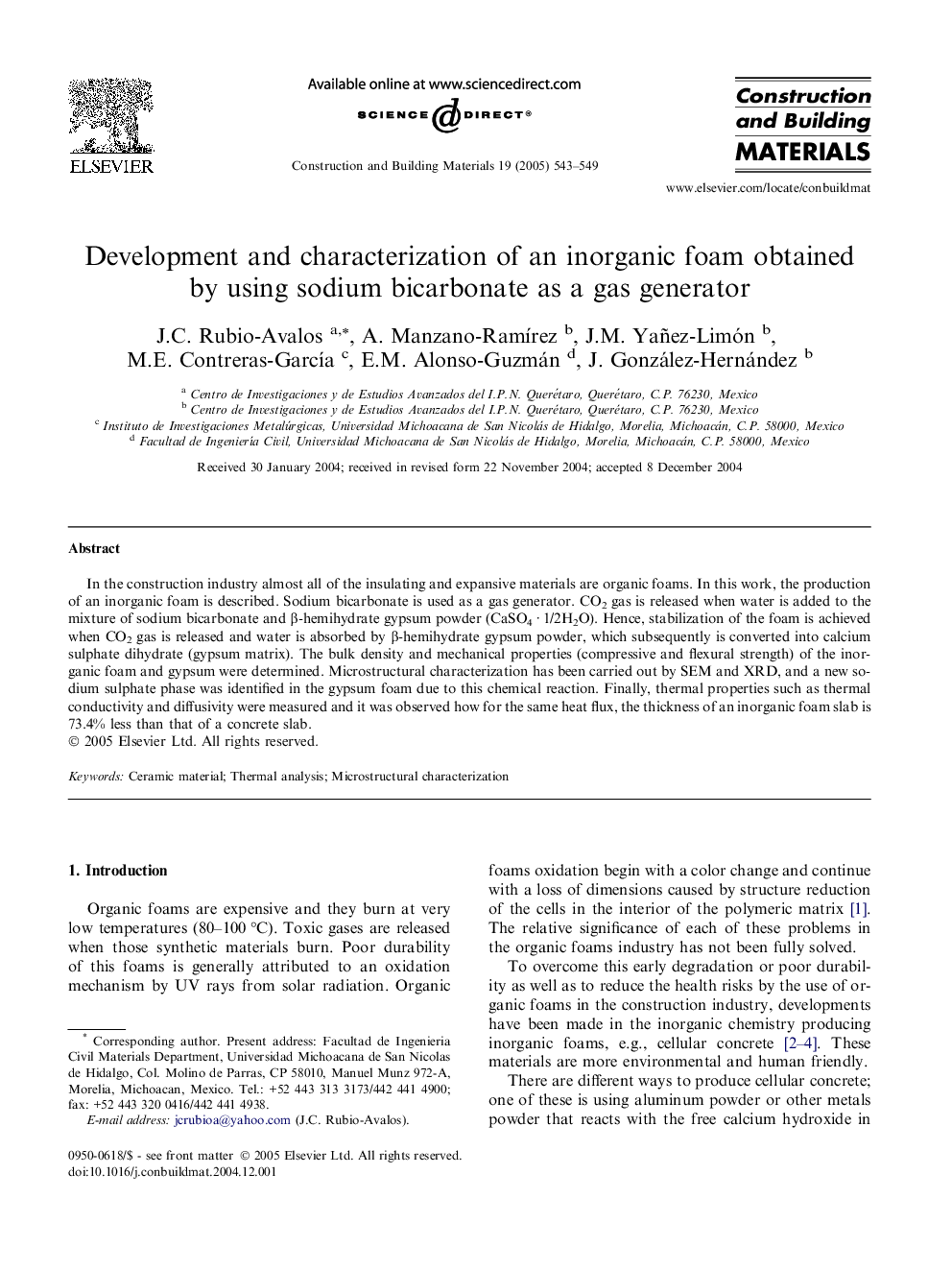 Development and characterization of an inorganic foam obtained by using sodium bicarbonate as a gas generator