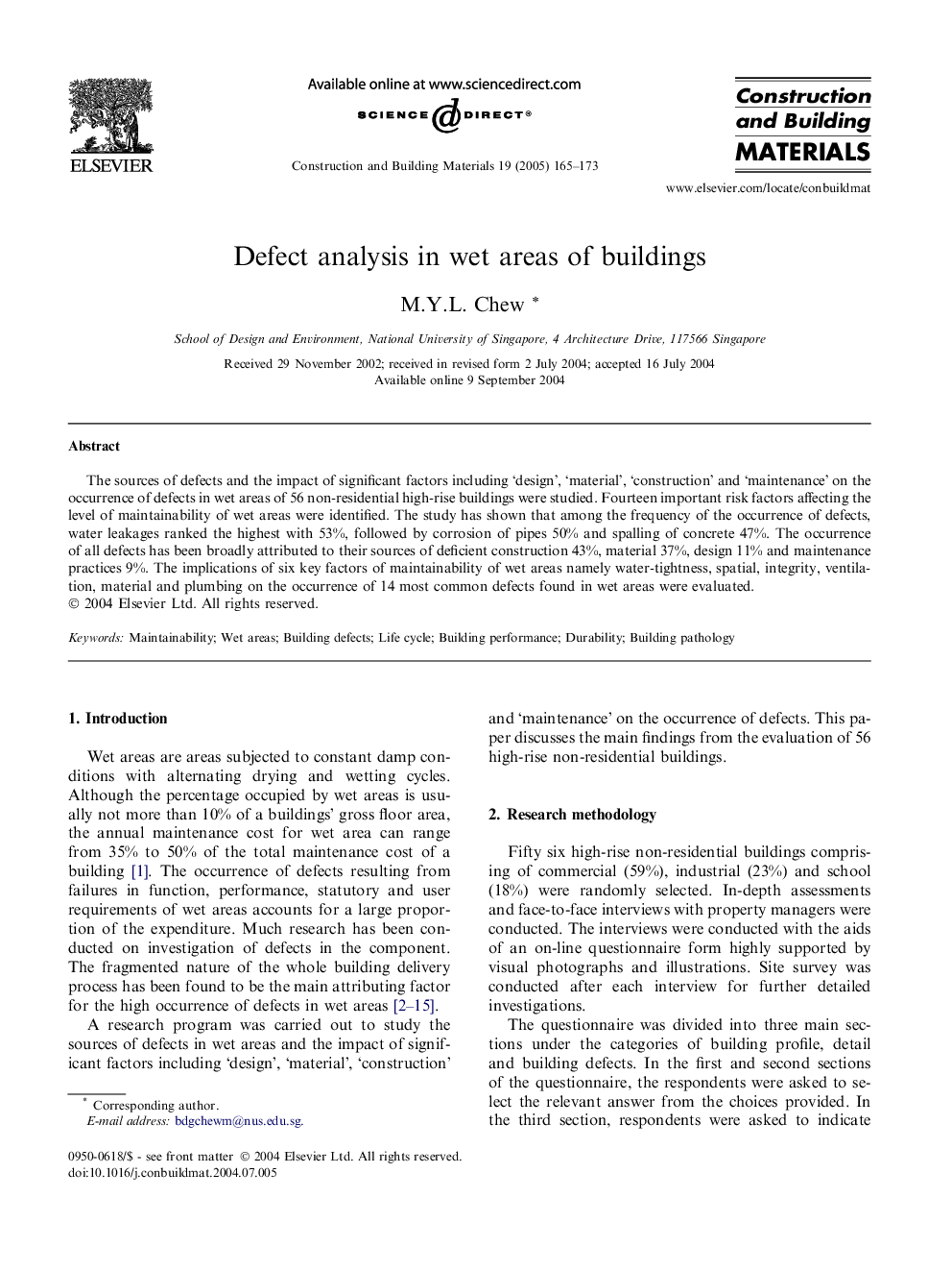 Defect analysis in wet areas of buildings