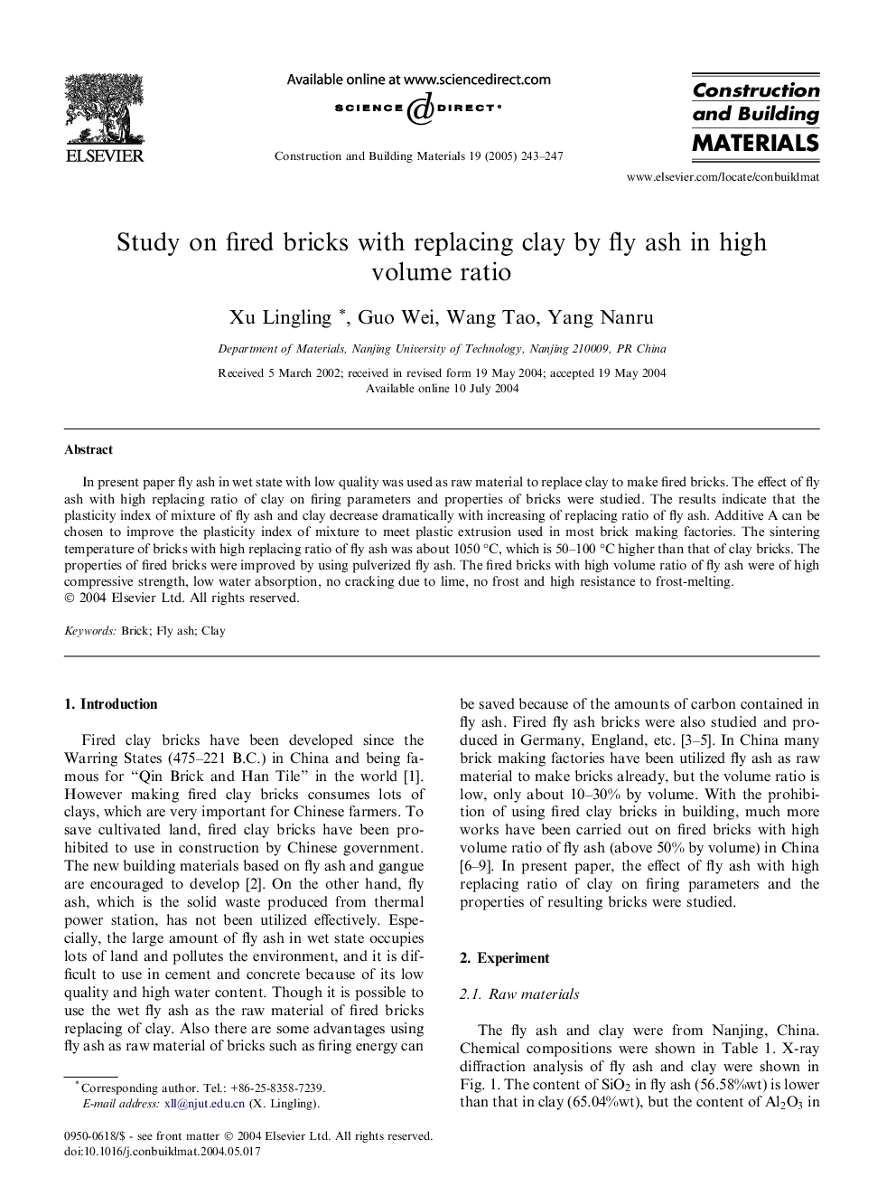 Study on fired bricks with replacing clay by fly ash in high volume ratio