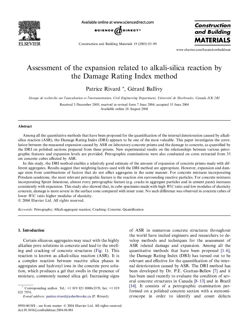 Assessment of the expansion related to alkali-silica reaction by the Damage Rating Index method