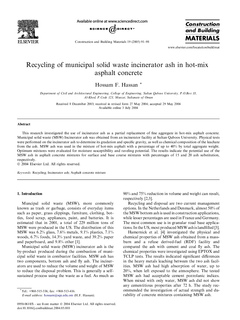 Recycling of municipal solid waste incinerator ash in hot-mix asphalt concrete