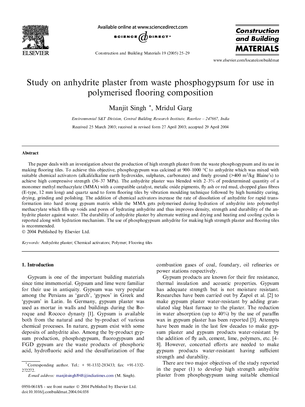 Study on anhydrite plaster from waste phosphogypsum for use in polymerised flooring composition